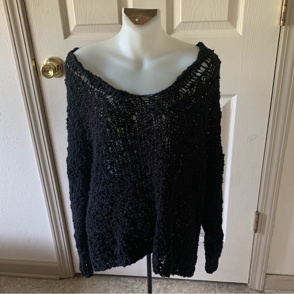 Med Free People black Sunday Shore open stitch sheer oversized pullover sweater